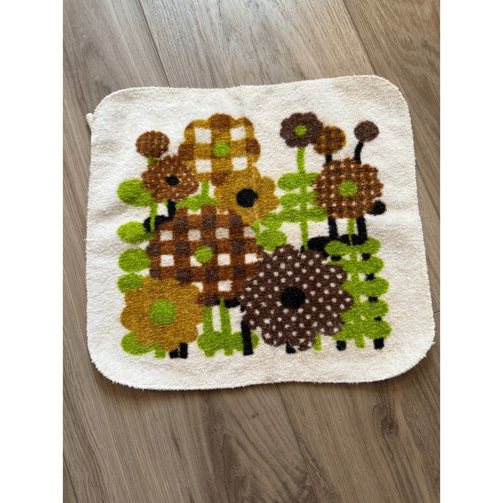 Vintage‎ 70s Floral Dishcloth Made in USA Brown Green Yellow Cotton Terry Towel